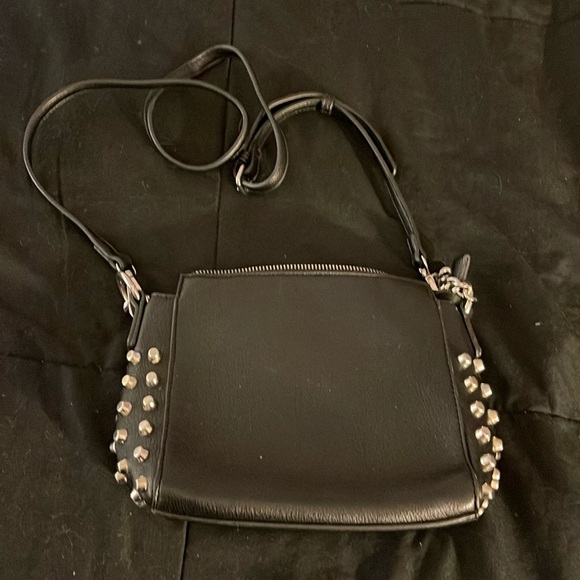 Black w/Silver Studded Crossbody bag Zip Closure Worn 2 Ways Short Chain Handle - Picture 1 of 10